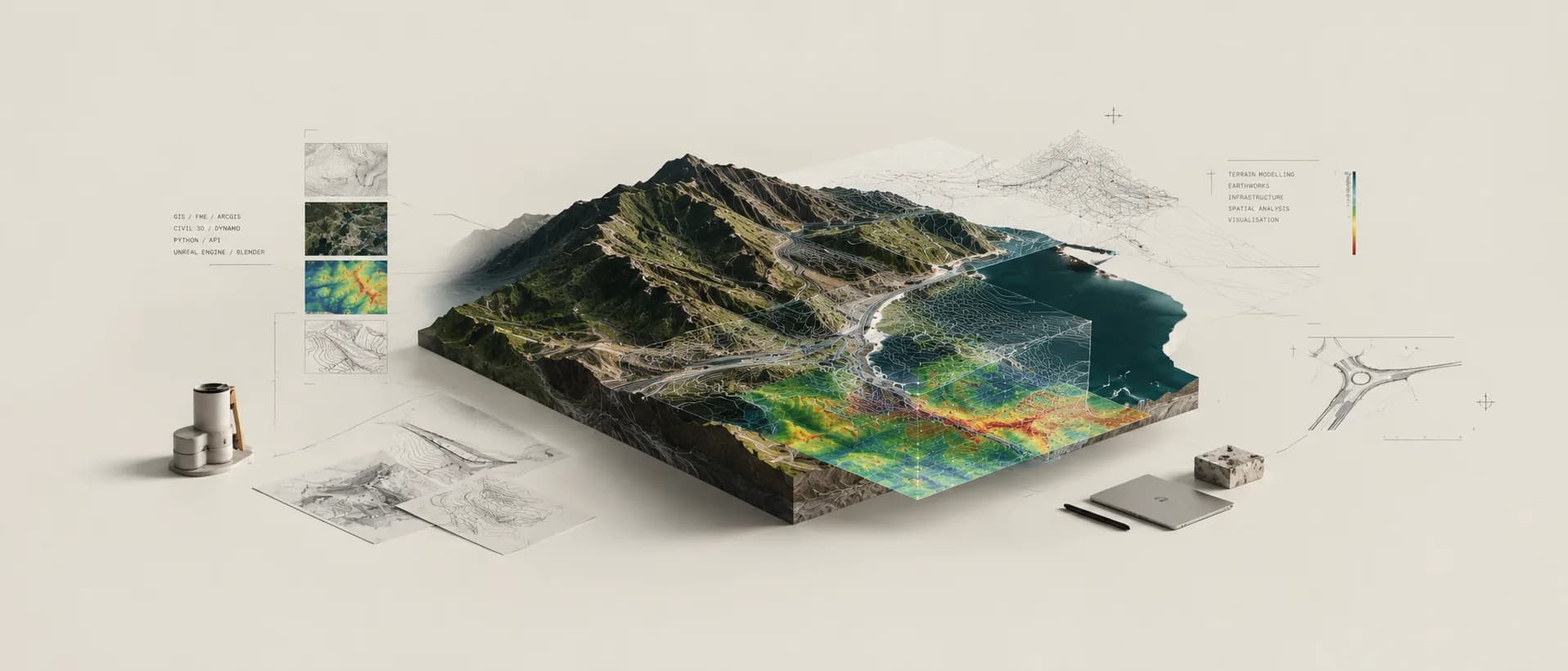 An isometric terrain model carrying infrastructure and GIS data across it, annotated with the tools and disciplines the practice works in
